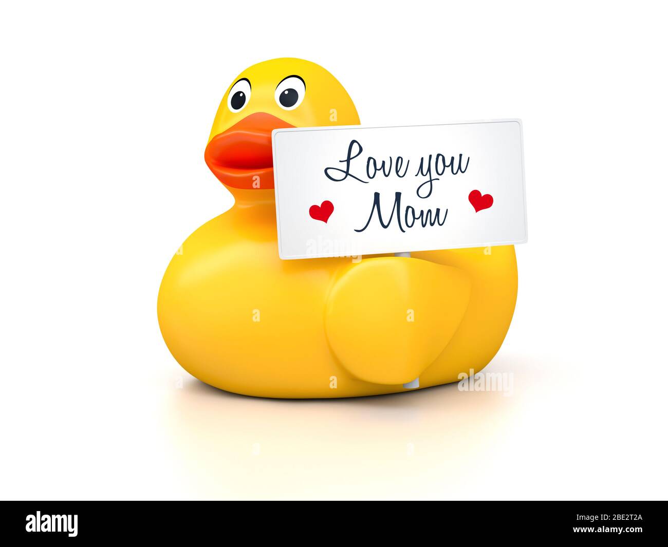 Eine kleine Badeente vor weissem Hintergrund, die ein Schild mit der Aufschrift 'Love You Mom' vertragt Stockfoto