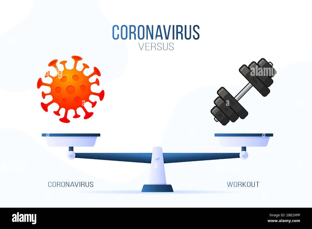 Coronavirus oder Workout-Fitnessstudio Vektor-Illustration. Kreatives Konzept von Skalen und Versus, auf der einen Seite der Skala liegt ein Virus Covid-19 und auf der anderen Seite Stock Vektor