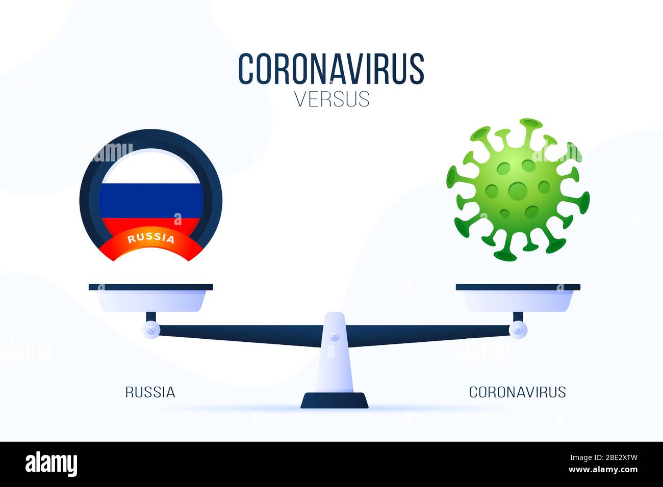 Coronavirus oder Russland Vektor-Illustration. Kreatives Konzept von Skalen und versus, auf der einen Seite der Skala liegt ein Virus Covid-19 und auf der anderen russ Stock Vektor