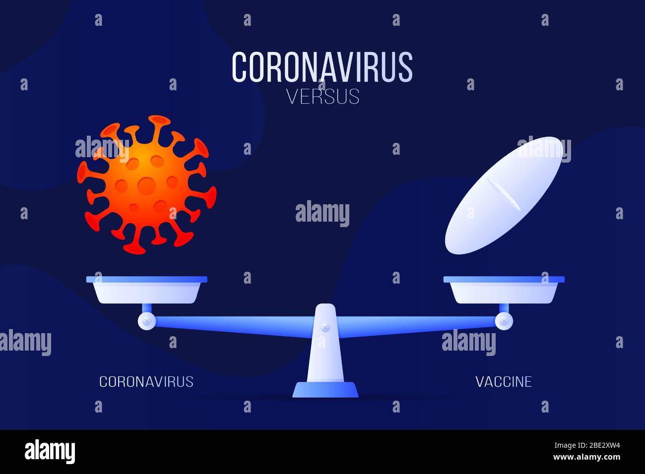 Vektorgrafik Coronavirus oder medizinische Pille. Kreatives Konzept von Skalen und versus, auf der einen Seite der Skala liegt ein Virus Covid-19 und auf der anderen Stock Vektor