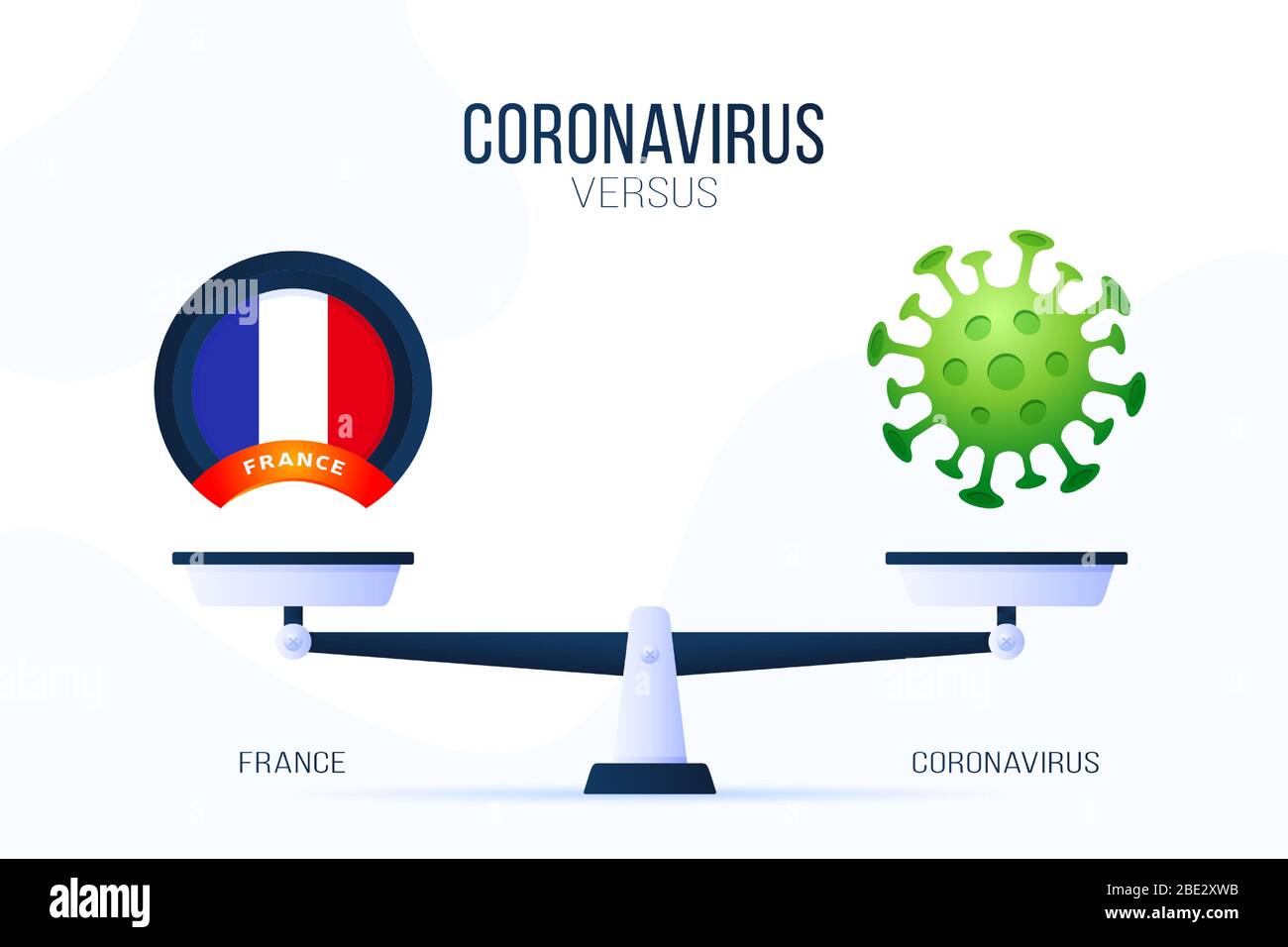 Coronavirus oder Frankreich Vektorgrafik. Kreatives Konzept von Skalen und versus, auf der einen Seite der Skala liegt ein Virus Covid-19 und auf der anderen fran Stock Vektor