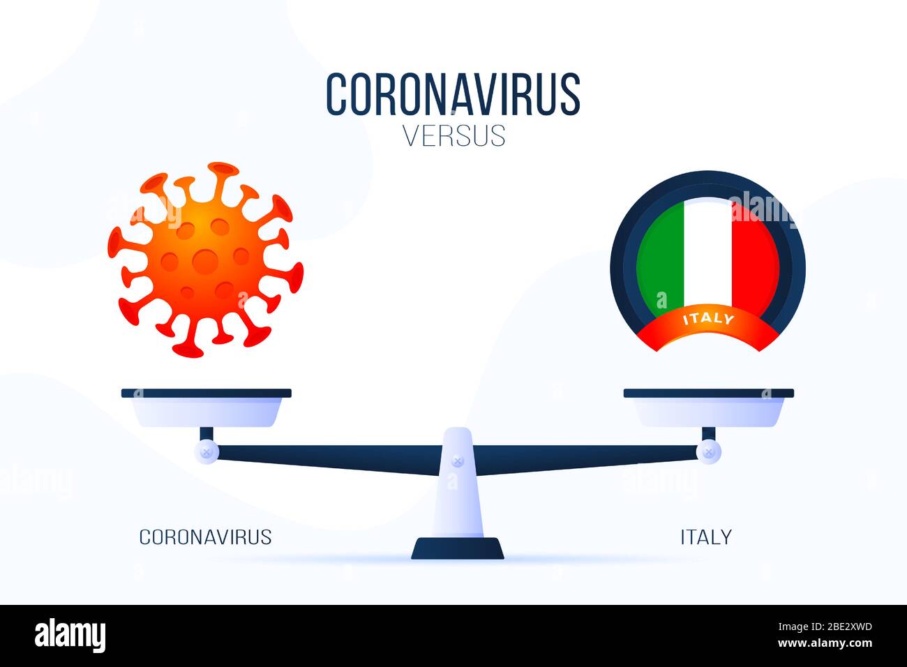 Coronavirus oder Italien Vektor-Illustration. Kreatives Konzept von Skalen und versus, auf der einen Seite der Skala liegt ein Virus Covid-19 und auf der anderen seite italien Stock Vektor