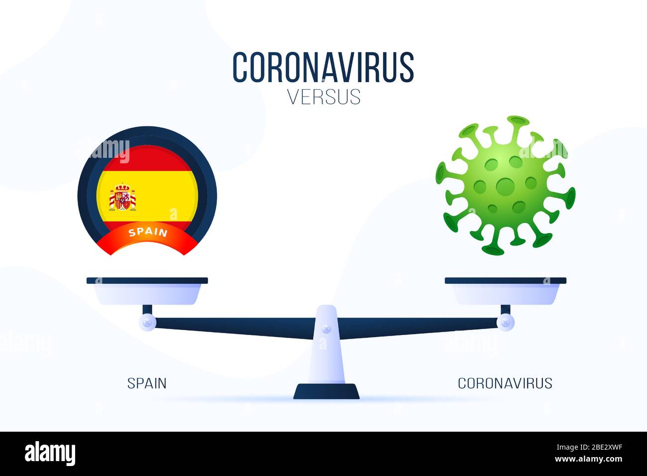 Coronavirus oder Spanien Vektor-Illustration. Kreatives Konzept von Skalen und versus, auf der einen Seite der Skala liegt ein Virus Covid-19 und auf der anderen seite spanien Stock Vektor