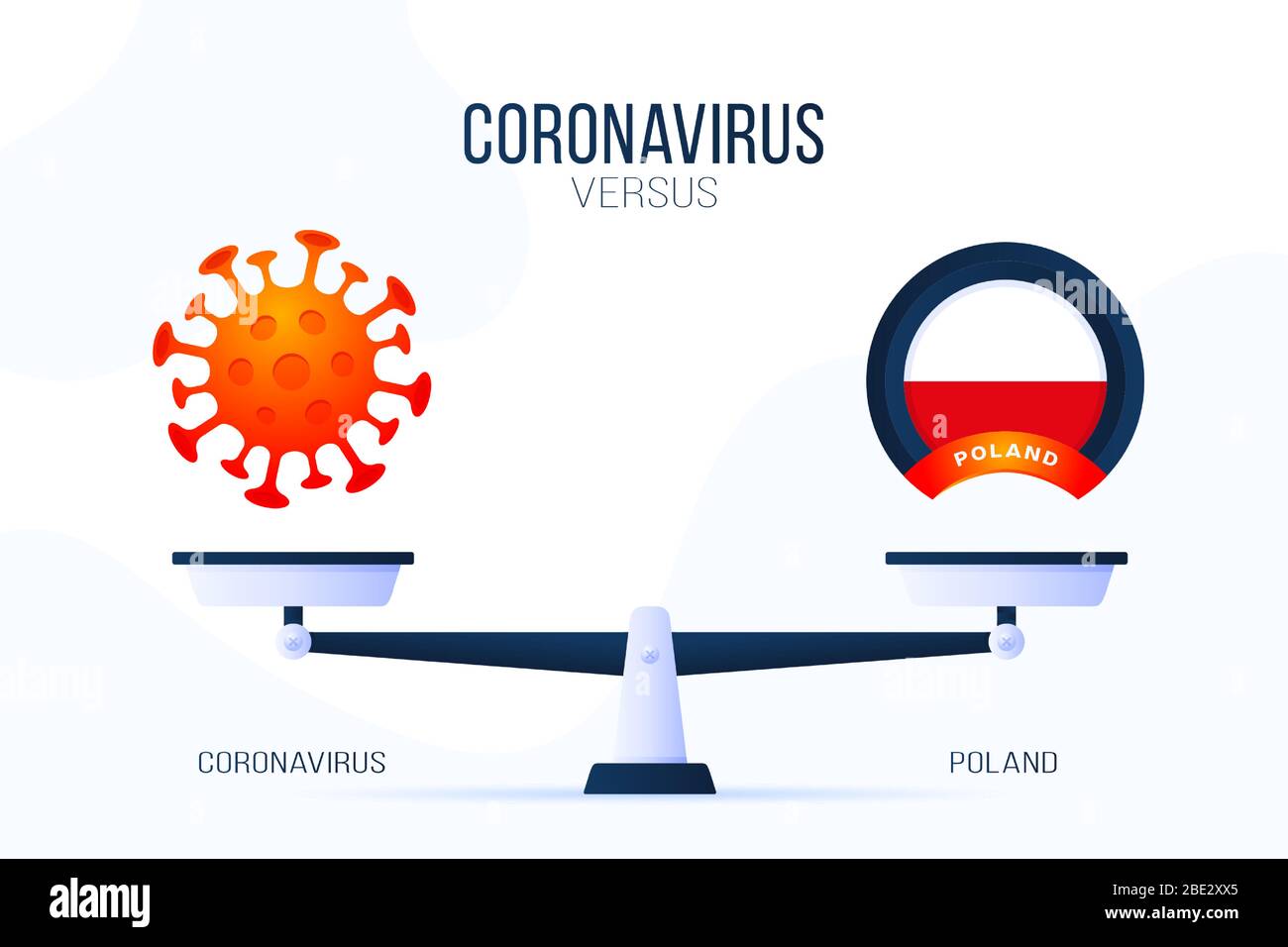 Coronavirus oder Polen Vektor-Illustration. Kreatives Konzept von Skalen und versus, auf der einen Seite der Skala liegt ein Virus Covid-19 und auf der anderen Seite Pola Stock Vektor
