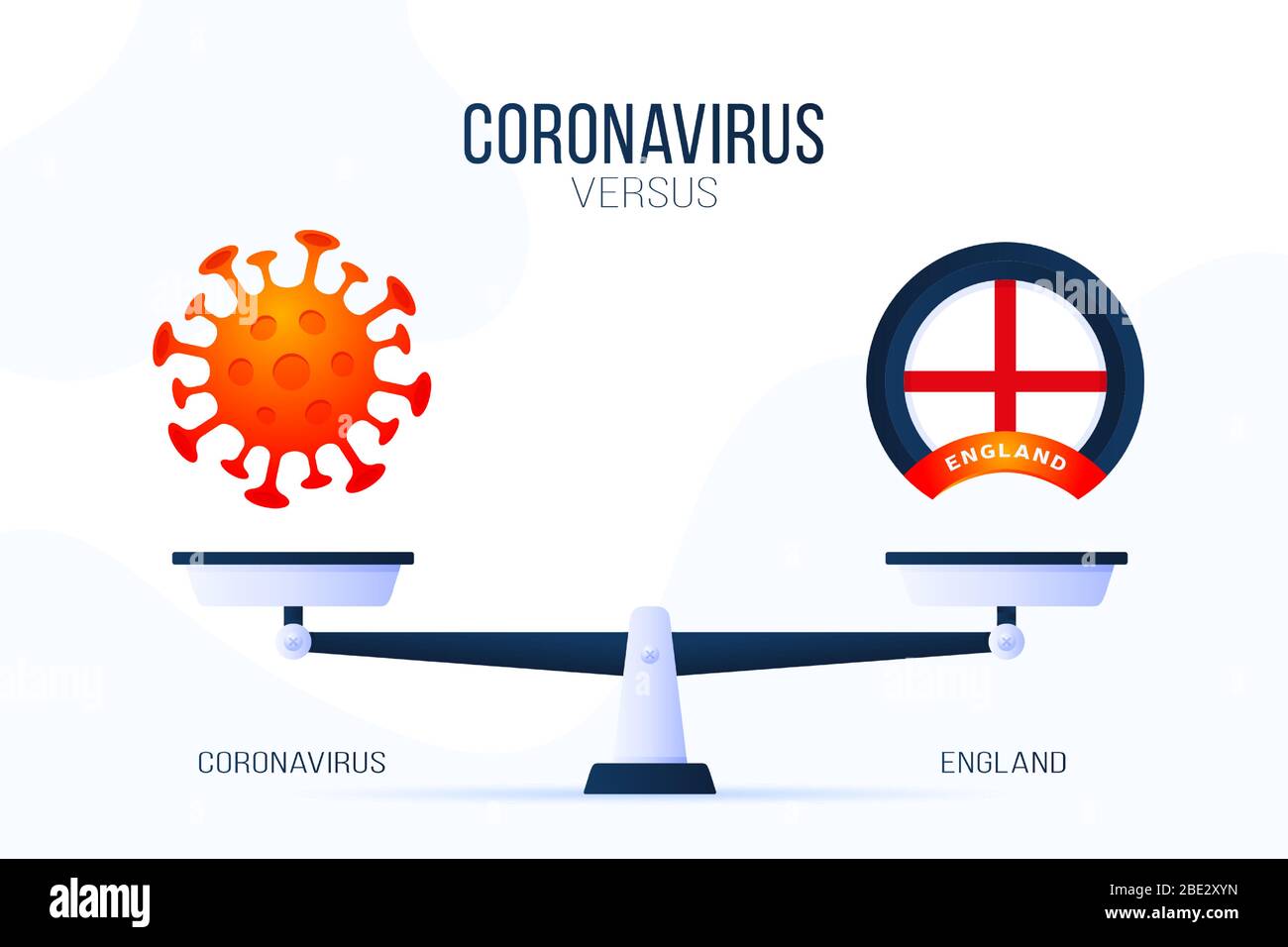 Coronavirus oder England Vektor-Illustration. Kreatives Konzept von Skalen und versus, auf der einen Seite der Skala liegt ein Virus Covid-19 und auf der anderen seite großbritannien Stock Vektor