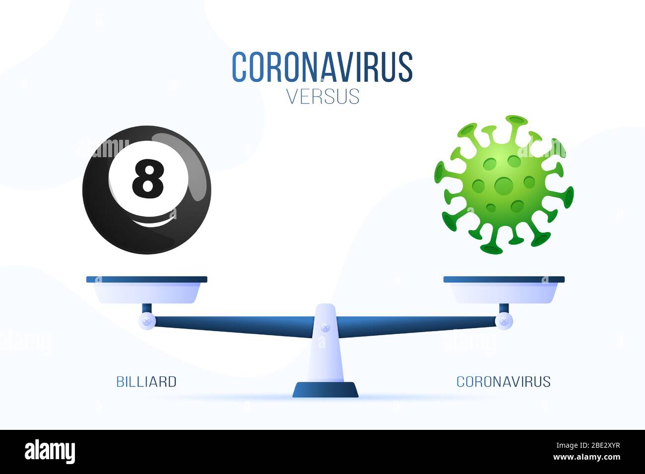 Coronavirus oder Billard Vektor Illustration. Kreatives Konzept von Skalen und versus, auf der einen Seite der Skala liegt ein Virus Covid-19 und auf der anderen BI Stock Vektor