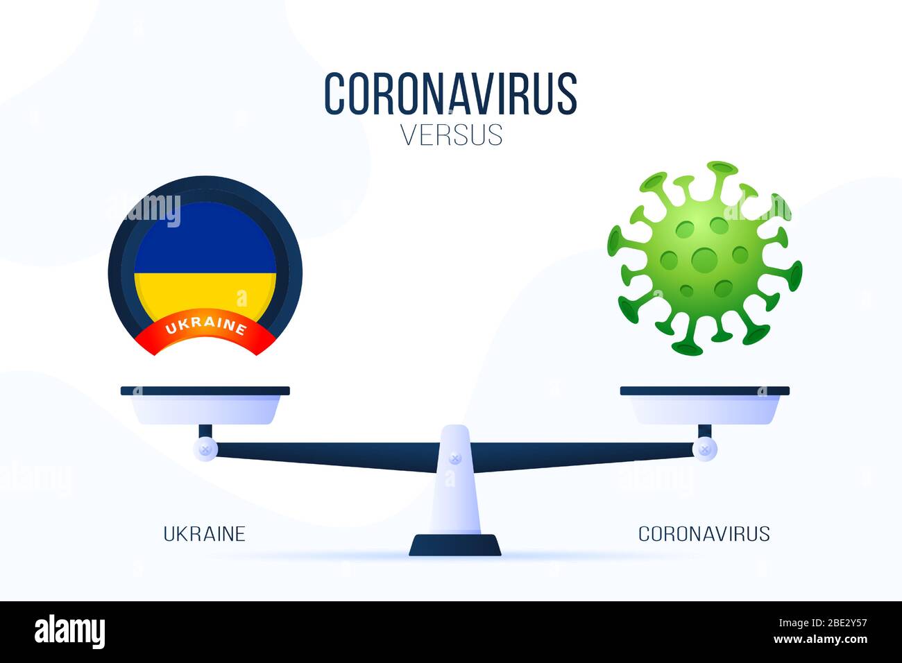 Coronavirus oder Ukraine Vektor-Illustration. Kreatives Konzept von Skalen und versus, auf der einen Seite der Skala liegt ein Virus Covid-19 und auf der anderen ukr Stock Vektor