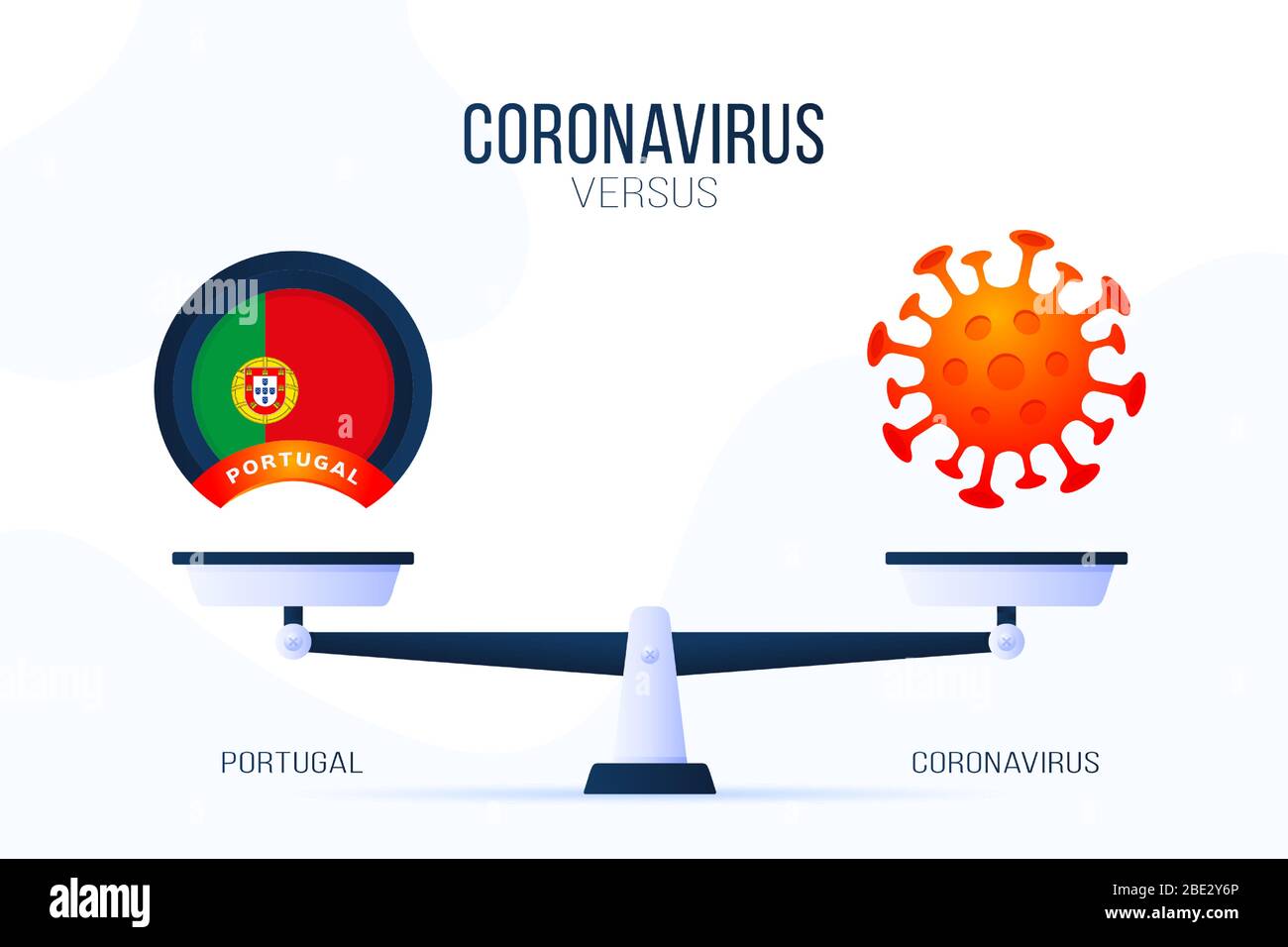 Coronavirus oder Portugal Vektor-Illustration. Kreatives Konzept von Skalen und versus, auf der einen Seite der Skala liegt ein Virus Covid-19 und auf der anderen Seite Po Stock Vektor