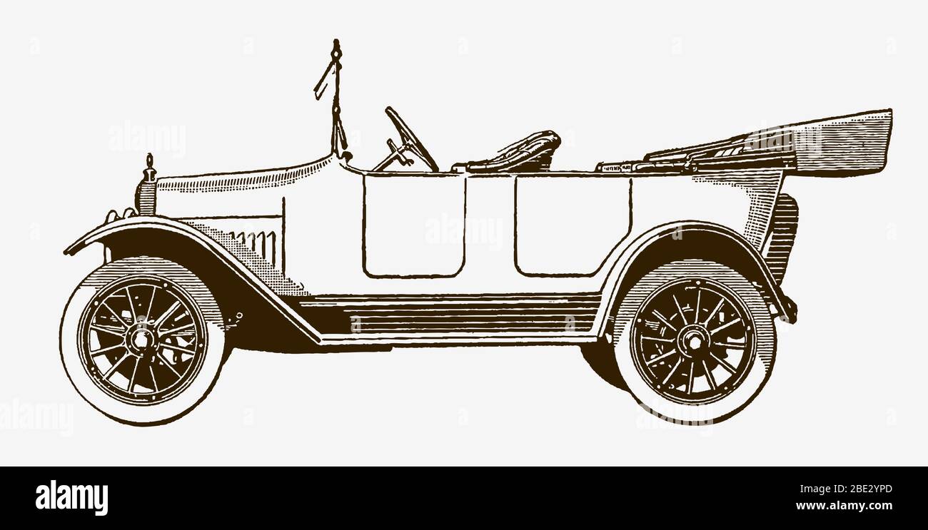 Klassischer Tourenwagen in Seitenansicht. Illustration nach einem historischen Stich aus dem frühen 20. Jahrhundert Stock Vektor
