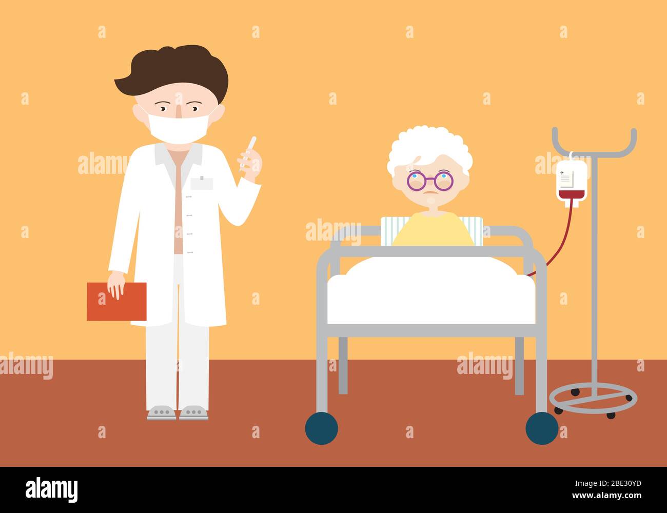 Cartoon Illustration von Krankenhauszimmer. Senior-Frau liegt im Bett und Tropfer, Arzt mit Schutzmaske, das Thermometer in der Hand und die Messgröße hält Stock Vektor