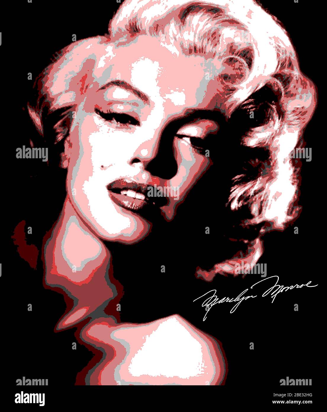 Illustrierter Kopf von Marilyn Monroe mit Unterschrift und Posterisierung Stockfoto