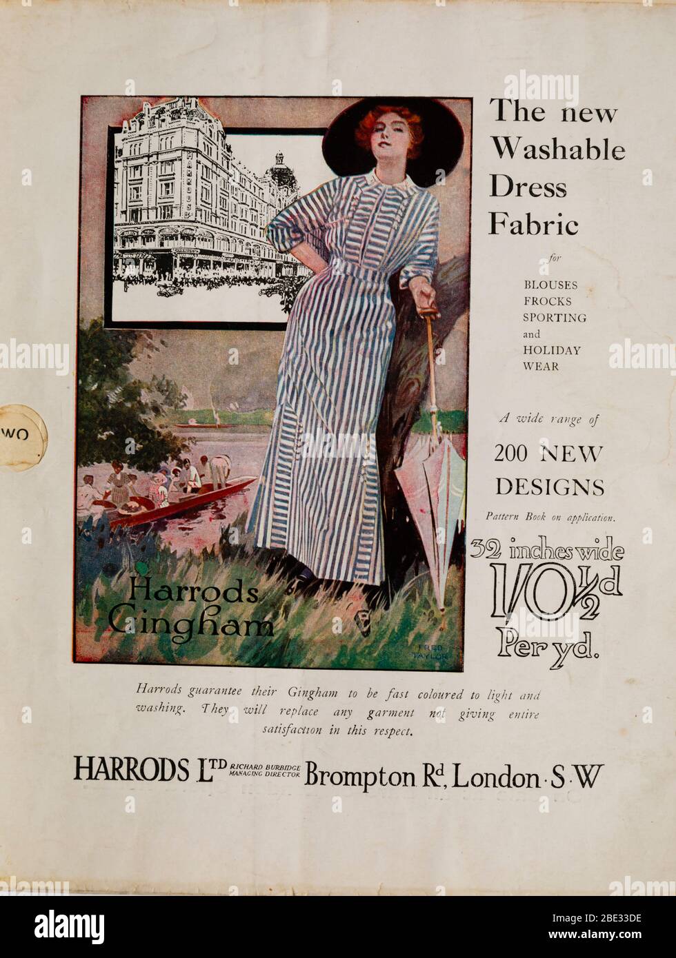 Harrods Gingham Stoff Werbung in der Ausgabe 1912 von The Ladies Field, The London Opera House, Wochenzeitschrift Mode und Gesellschaft. Stockfoto