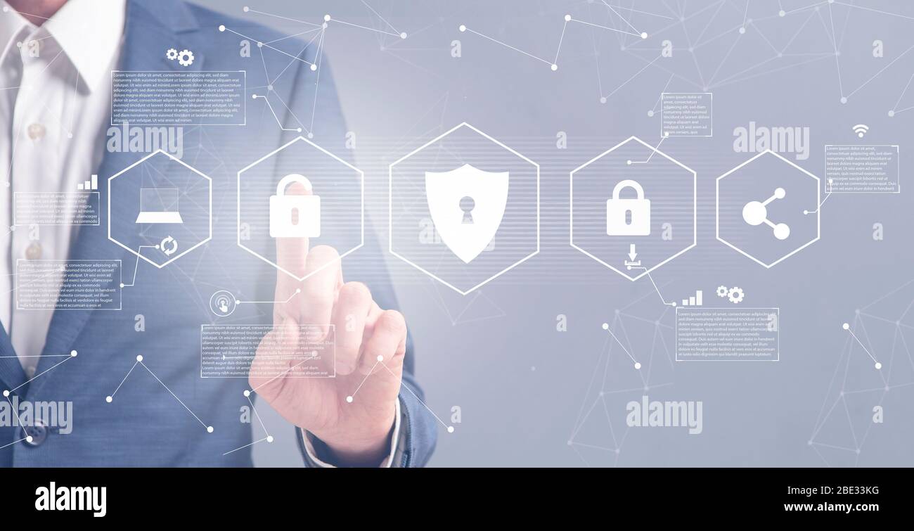 Mann in Anzug wählt Block Zeichen, Collage Stockfoto