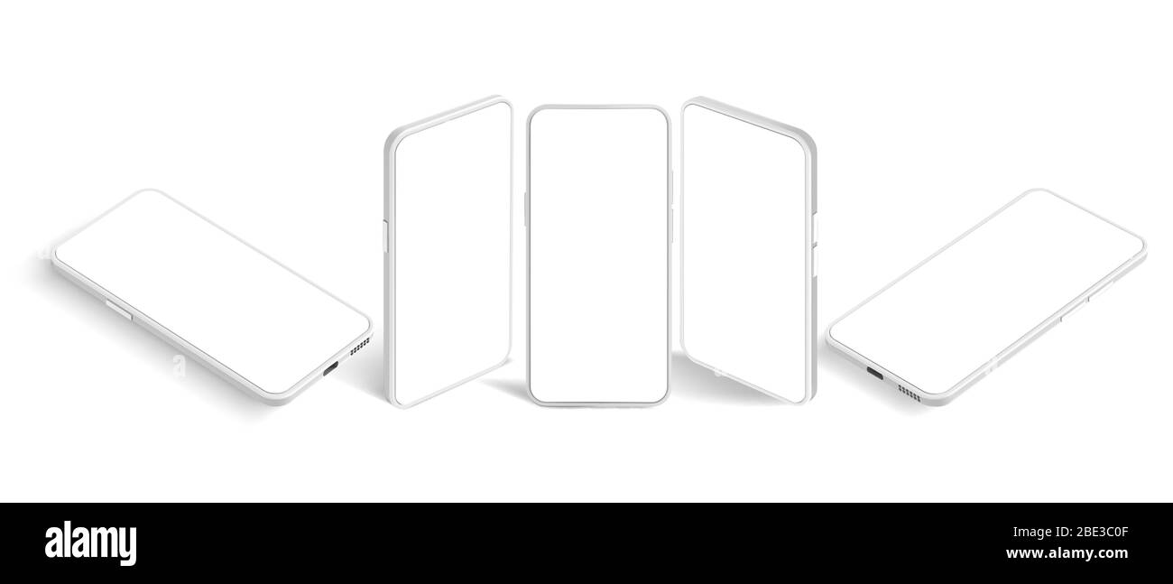 Isometrisches weißes Smartphone-Modell. Mobile App Präsentationsvorlage, Smartphone Bildschirm und moderne Handy-Perspektive sehen realistische 3D-Vektor Stock Vektor
