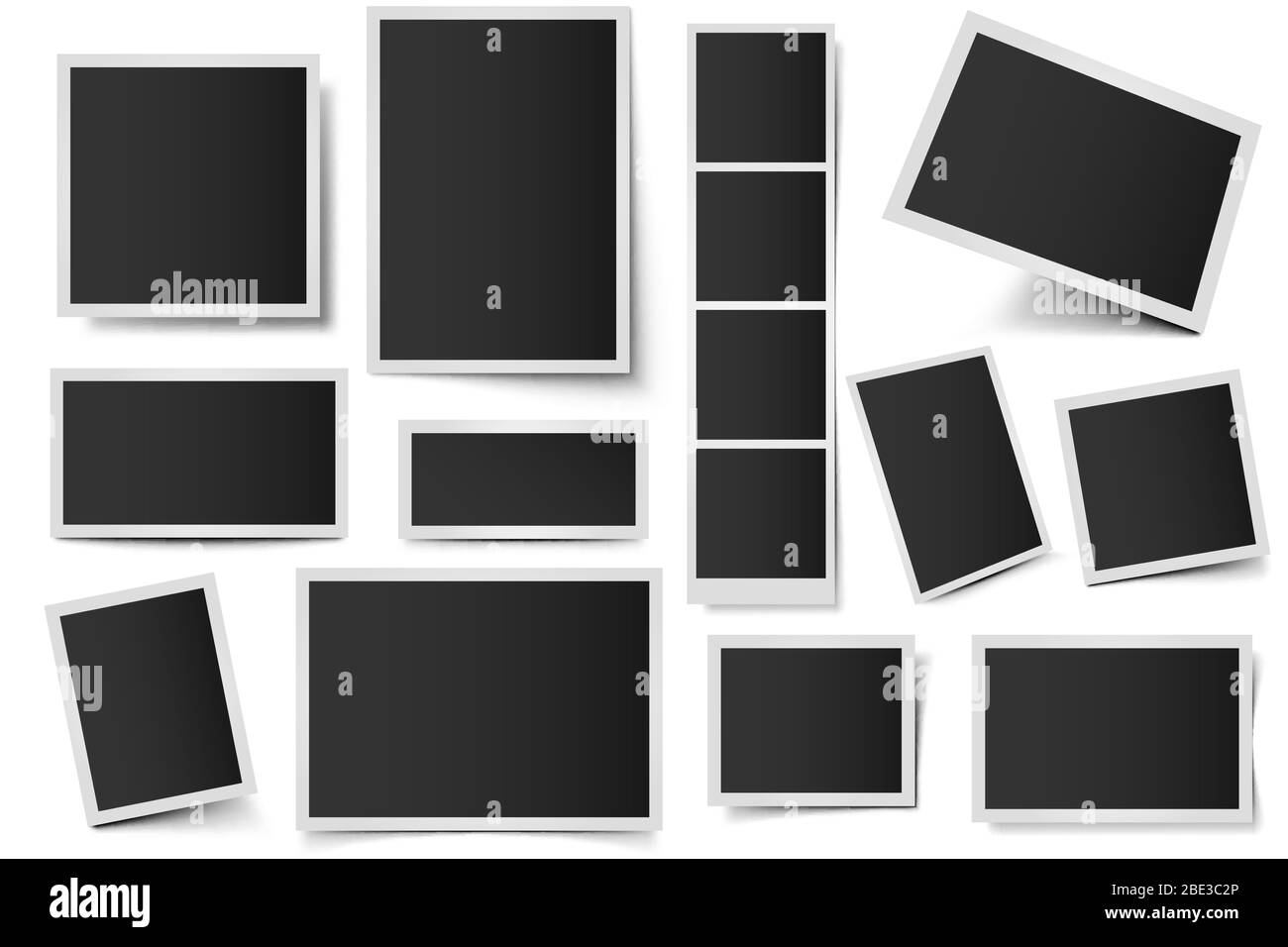 Bilderrahmen für Fotokarten. Rechteckige Sofortfotos, quadratischer Schnappschussrahmen und Fotoaufnahme mit realistischem Schattenvektorset. Leeres 3d-Frame-Paket. Kunststoff Stock Vektor