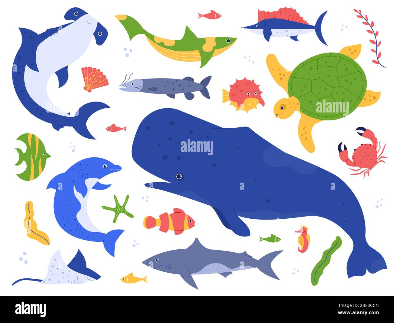 Meerestiere Arten. Meerestiere in ihrem natürlichen Lebensraum. Niedlichen Wal, Delphin, Hai und Schildkröte Vektor-Illustration-Set. Unterwasserwelt Pack. Wasser Stock Vektor