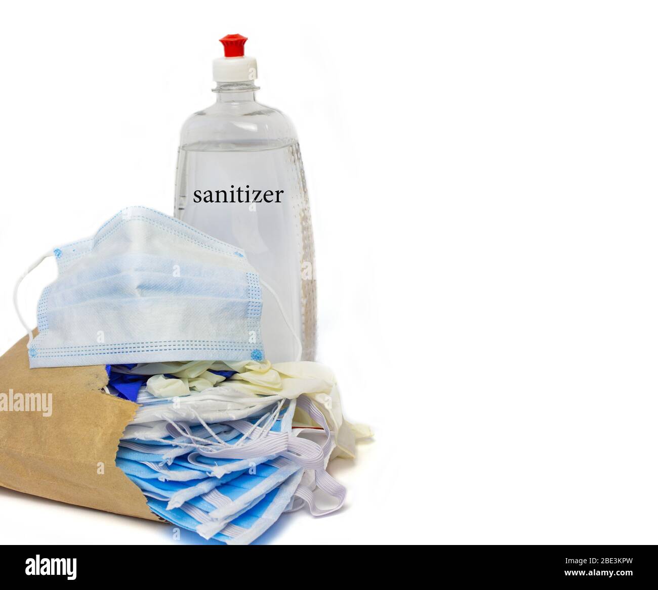 Coronavirus. Händedesinfektionsmittel. Masken, Handschuhe, antibakterielle oder Händedesinfektion. Banner. Hintergrund Stockfoto