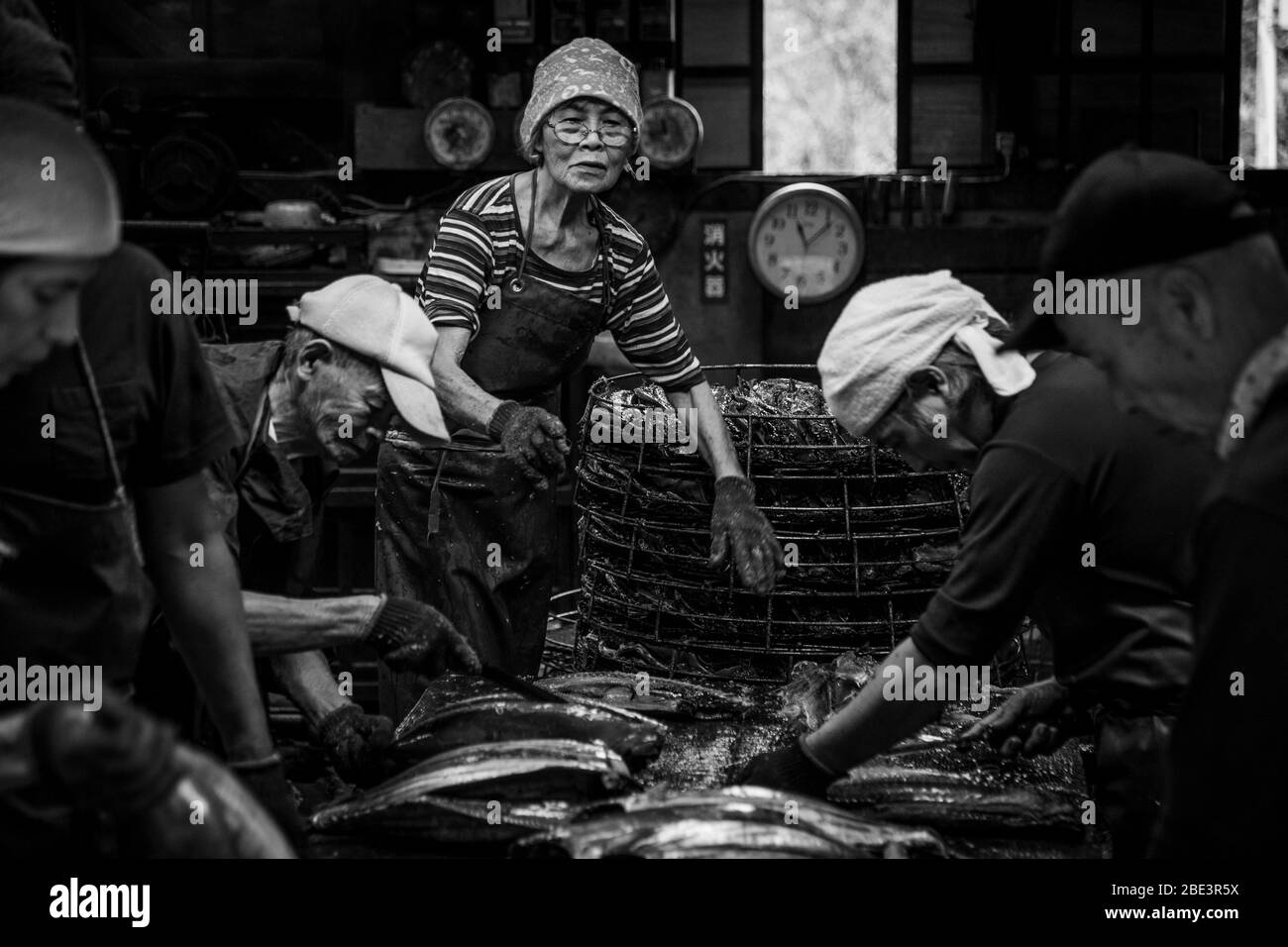 Yasuhisa Serizawa ist katsuobushi Herstellen, bei Nishiizu-Cho, Shizuoka, Japan Stockfoto