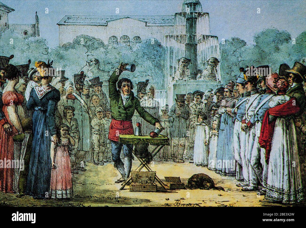 In den Pariser Straßen von 1837 beobachten gewöhnliche Menschen einen Jongleur, der die Massen unterhält. Stockfoto