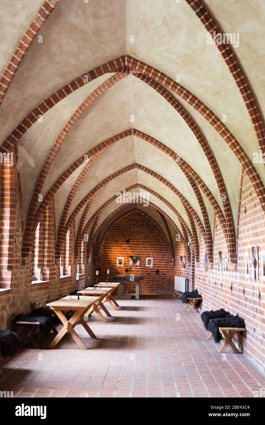 Im Inneren der Abtei Greyfriars (Klostret i Ystad), einem mittelalterlichen Kloster, das die St. Peter Kirche und das Museum für Kulturgeschichte in Ystad, Schweden, beherbergt. Stockfoto