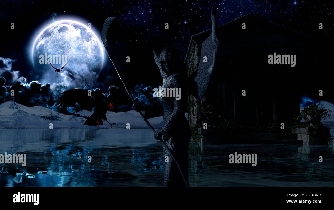 Engel des Todes - Gruselnacht Hintergrund mit Mond - 3d rendering Stockfoto