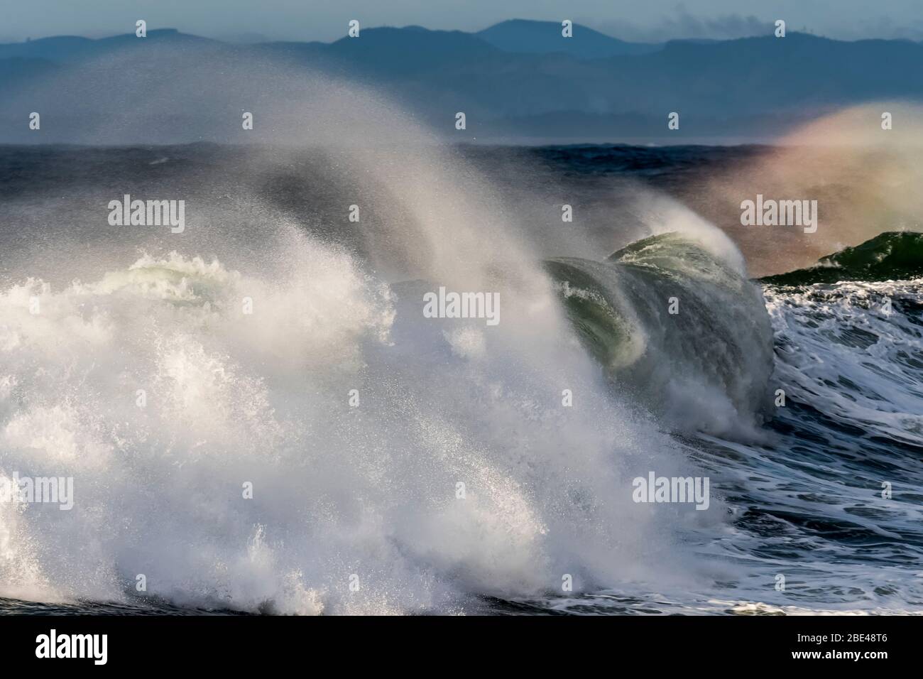 Anmutige Wellen brechen nahe an der Küste mit dem Sonnenlicht beleuchtet das Wasser; Seaside, Oregon, Vereinigte Staaten von Amerika Stockfoto