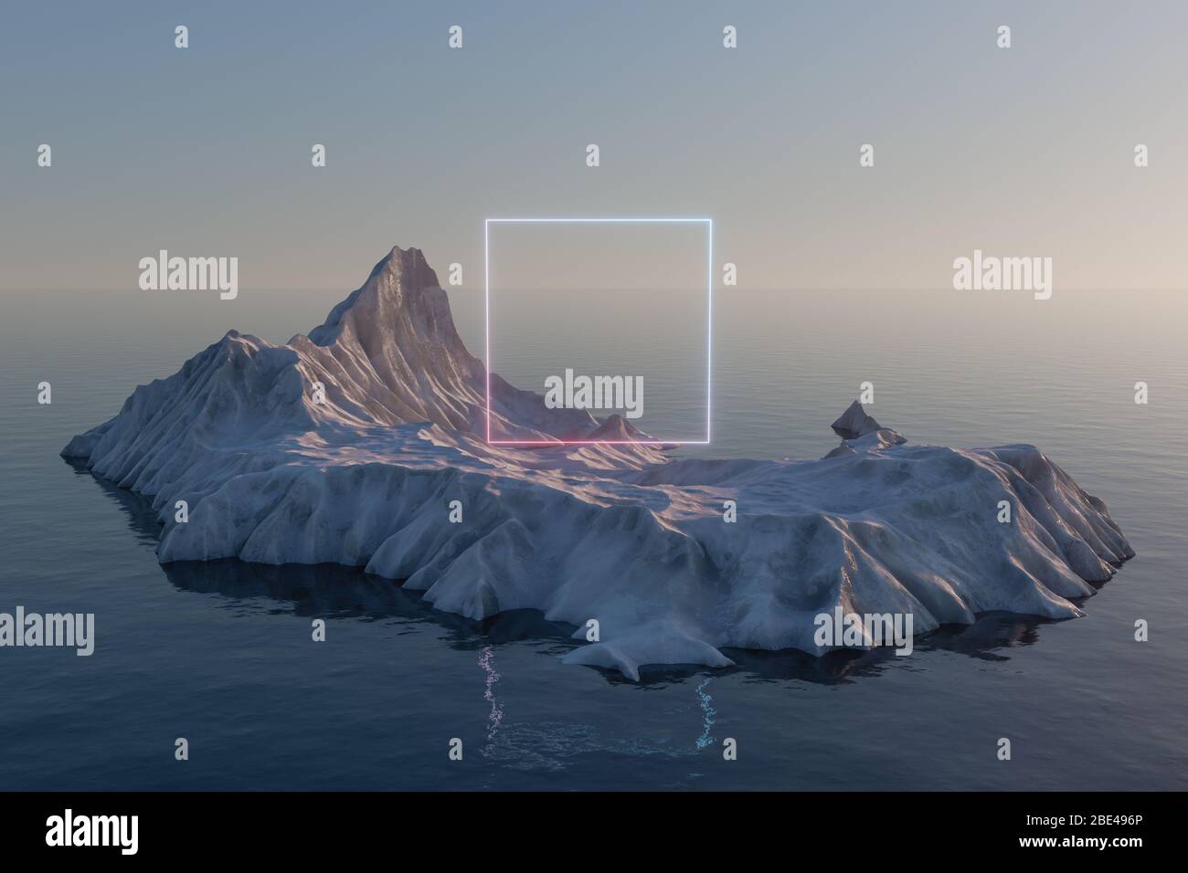 Neon Platz auf der Insel Schnee Berg auf dem Meer, 3d-Rendering. Digitale Computerzeichnung. Stockfoto