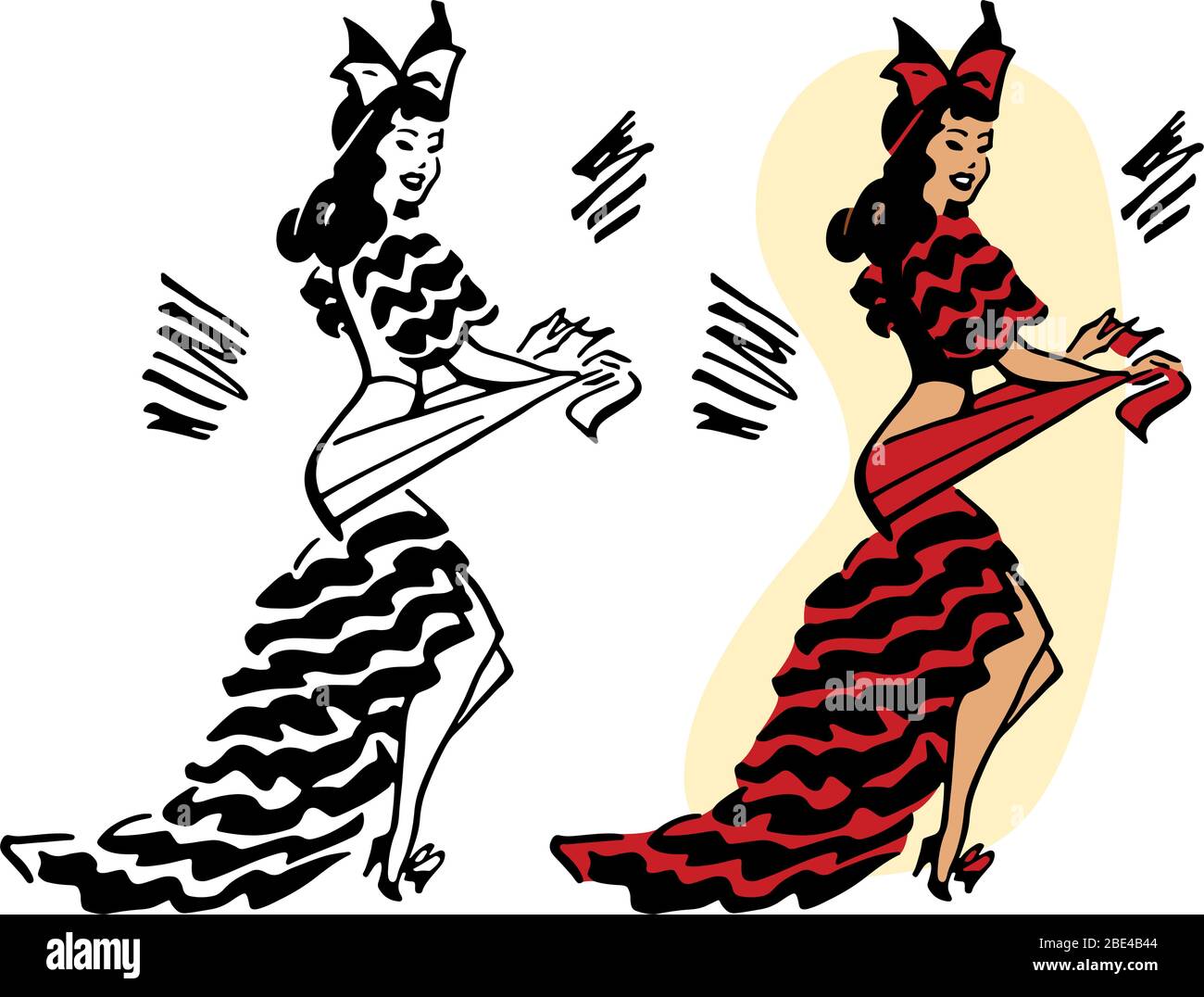 Eine Karikatur einer lateinischen Frau, die einen Tanz in einem Kleid vorführt. Stock Vektor