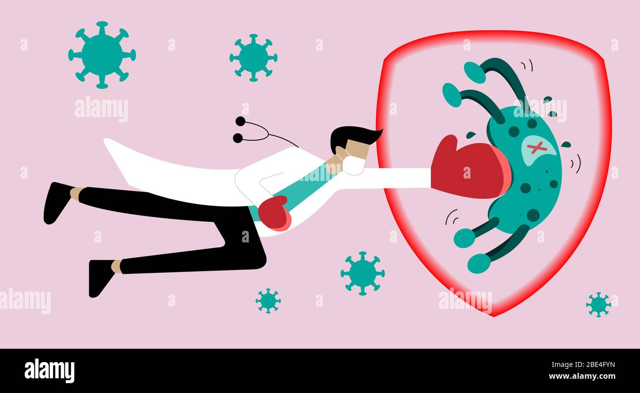 Stop CoVID-19 Konzept, Doktor Kampf Coronavirus 2019 durch Boxer Handschuh Punch. Stock Vektor