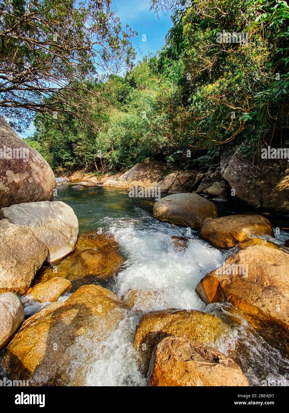 Ein kleiner Gebirgsfluss fließt zwischen großen Steinen in bergigen Gebieten durch den Wald. Natürliche Landschaft, mit einem sauberen Fluss eine schöne Landschaft, Stockfoto