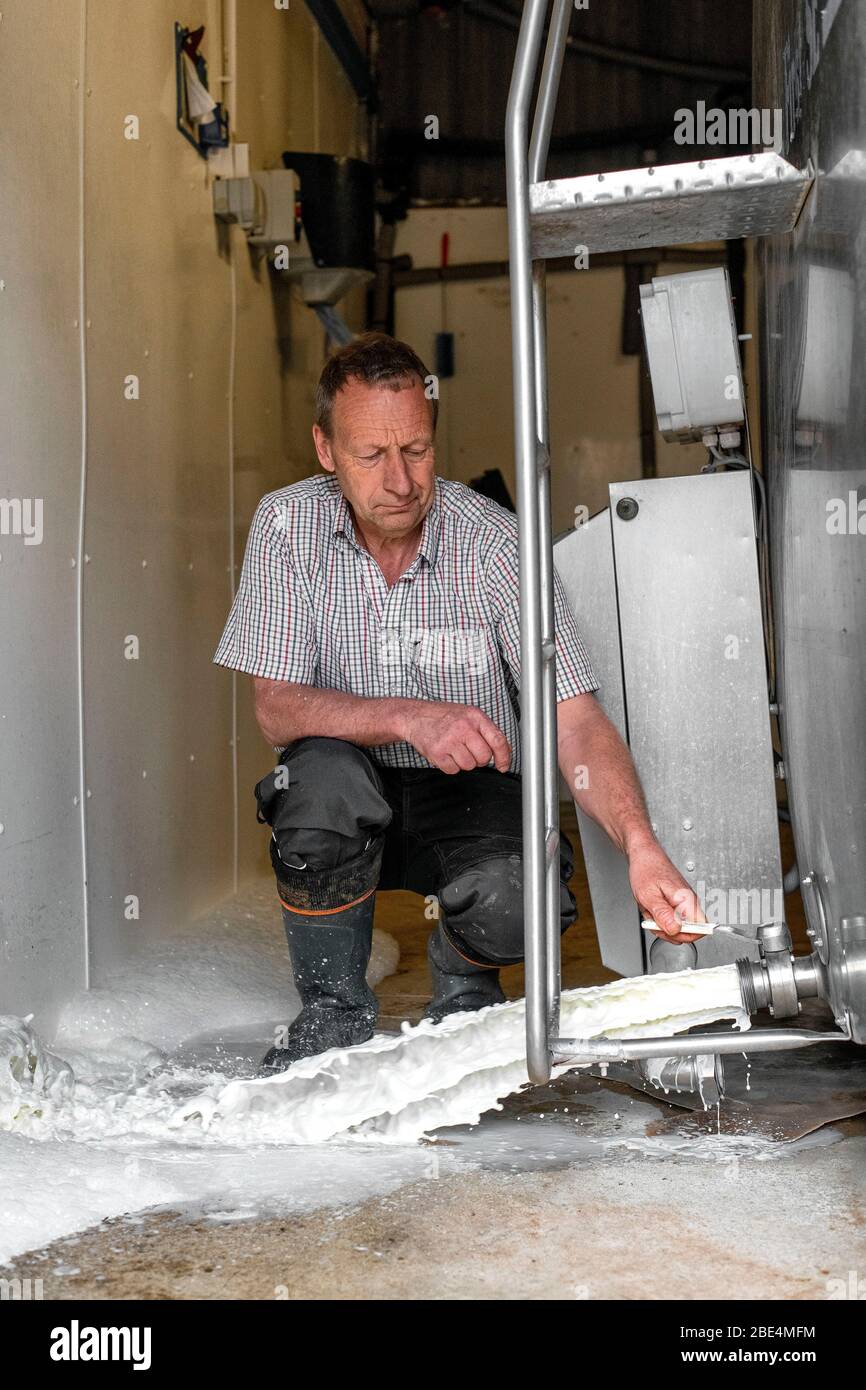 Wiltshire Milchbauer Robert Mallett, der während des Coronavirus-Ausbruchs täglich Tausende Liter frische Milch wegwerfen muss. Stockfoto