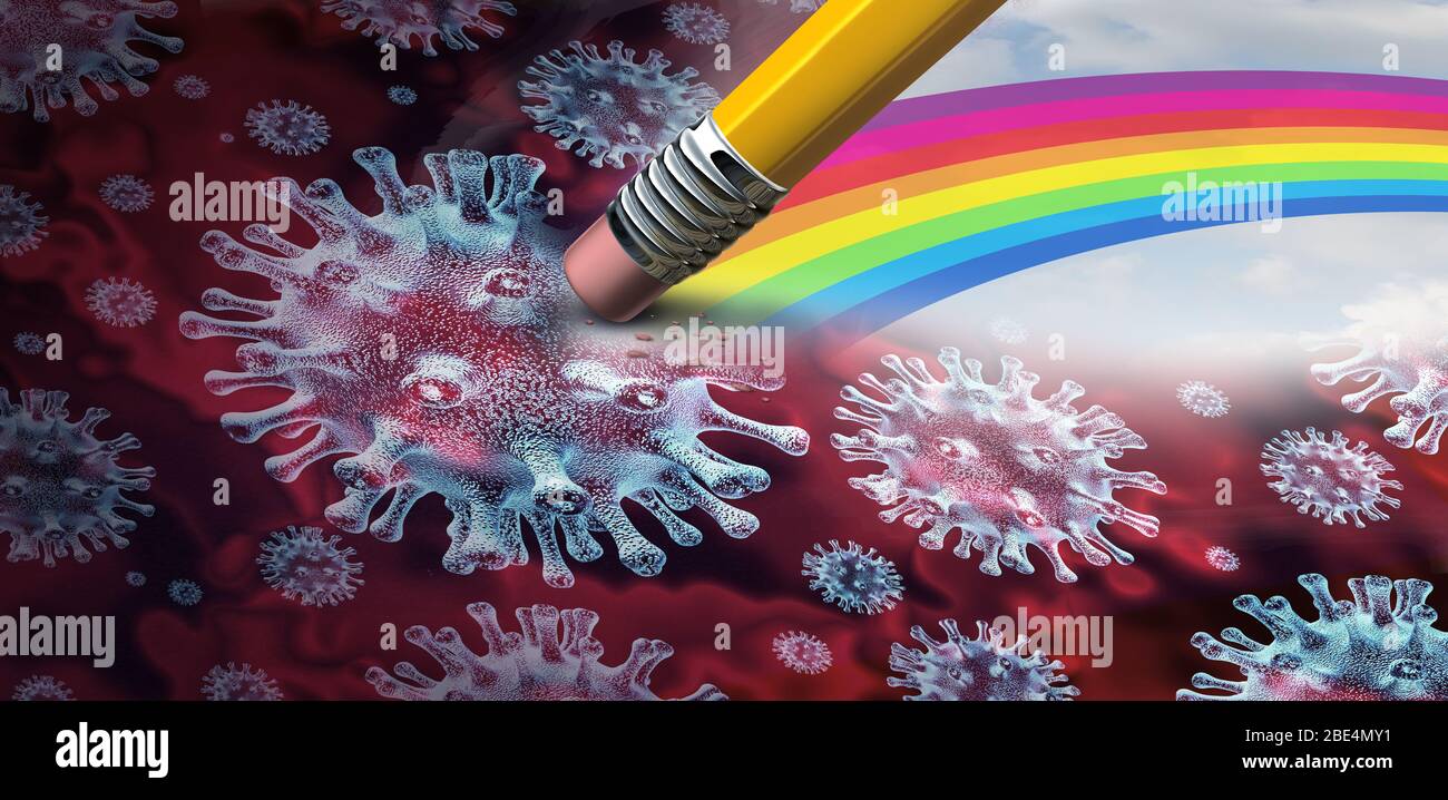 Genesung von Krankheit und Coronavirus Heilung oder covid-19 medizinische Forschung und Influenza-Behandlung als Medizin Erforschung eines Impfstoffs mit einer Hoffnung, Regenbogen. Stockfoto