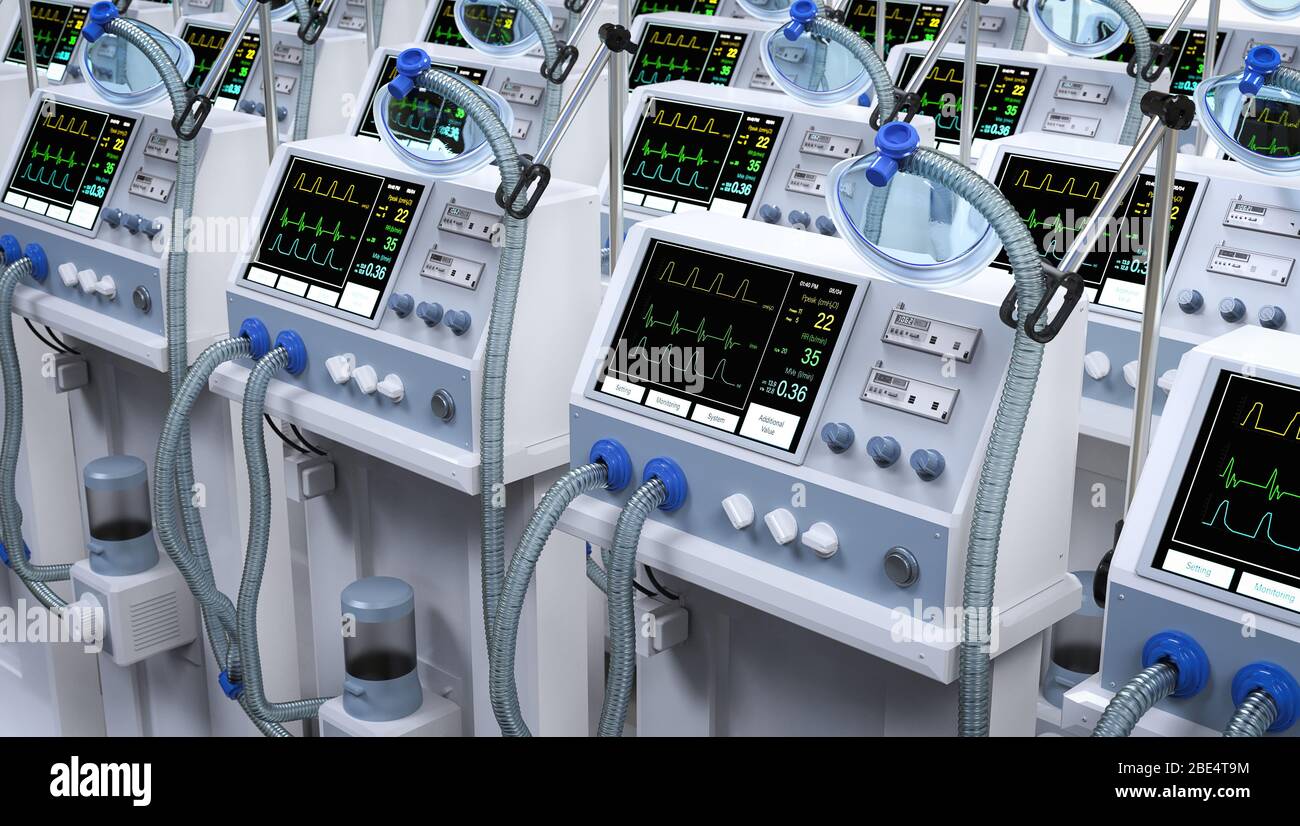3d-Rendering-Gruppe von Beatmungsgeräten im Krankenhaus Stockfoto
