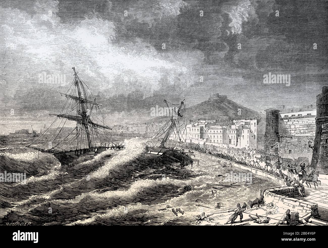 Ein schwedisches Zweimast-Segelschiff sinkt vor Neapel Italien, 20. November 1862 Stockfoto