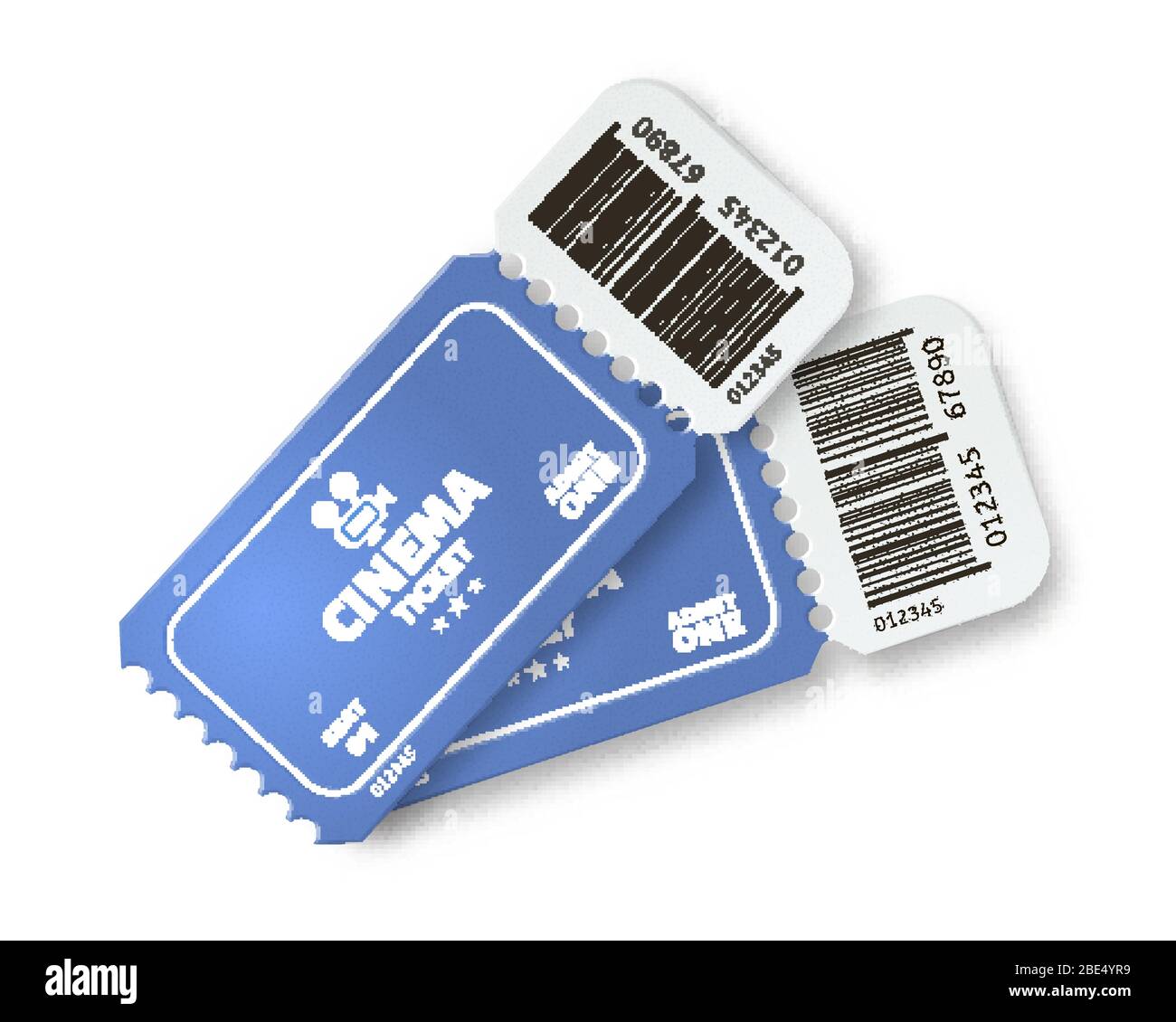 Zwei Kinokarten. Movie Aufnahme ein blaues Papier Ticket mit realistischen Schatten Vektor-Konzept. Gutscheine mit Barcodes. Gutscheine mit Abreißelementen Stock Vektor