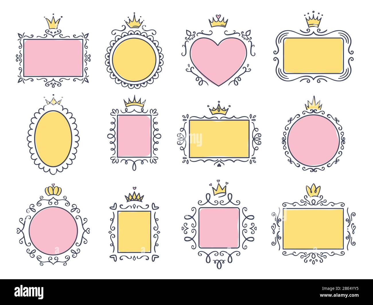 Niedliche Prinzessrahmen. Rosa Spiegelrahmen mit Prinzessinnen Krone, majestätische Hand gezeichnete Text Grenzen und Royal Doodle Rahmen Vektor-Set. Sammlung von leeren Stock Vektor