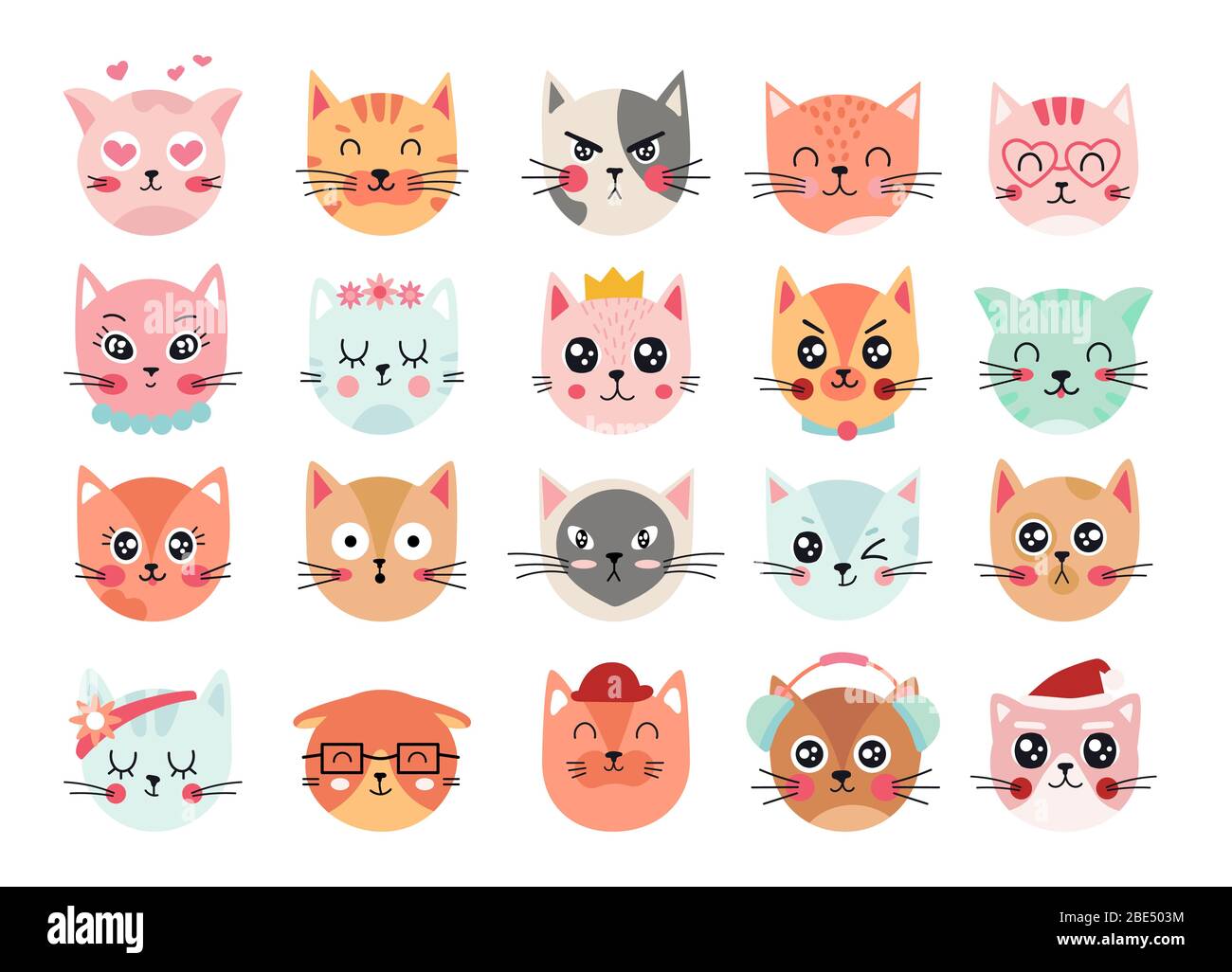 Niedliche Katzen Gesichter. Kätzchen-Köpfe Emoticons, Kätzchen Gesichtsausdrücke. Glücklich lächelnd, traurig, wütend und zwinkernd Katze Vektor Illustration. Tiergefühle und Stock Vektor