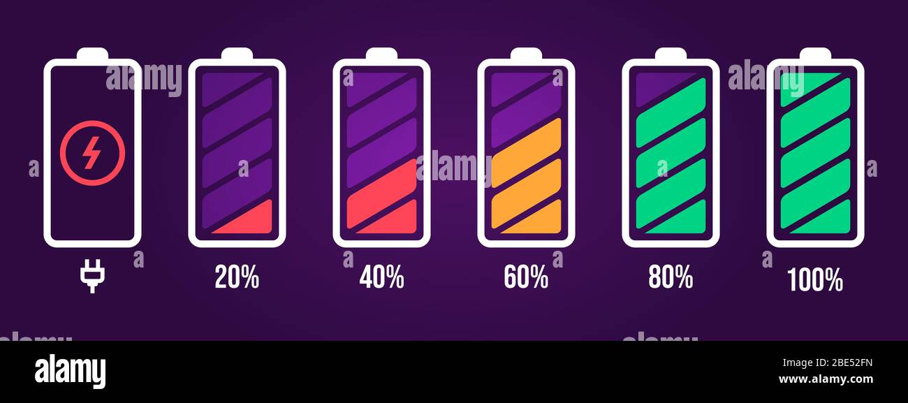 Symbol für Energiestufe. Ladezustand, Akkuanzeige, Smartphone-Leistungsstufe, Akkuenergie leer und volle Statusvektorsymbole eingestellt. Wird Geladen Stock Vektor