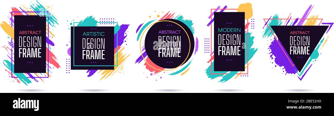 Rahmen mit Textelementen färben. Grunge Pinsel Strich Rahmen, dynamische Box für Text, moderne geometrische Rahmen Design Vektor isoliert gesetzt. Sammlung Stock Vektor