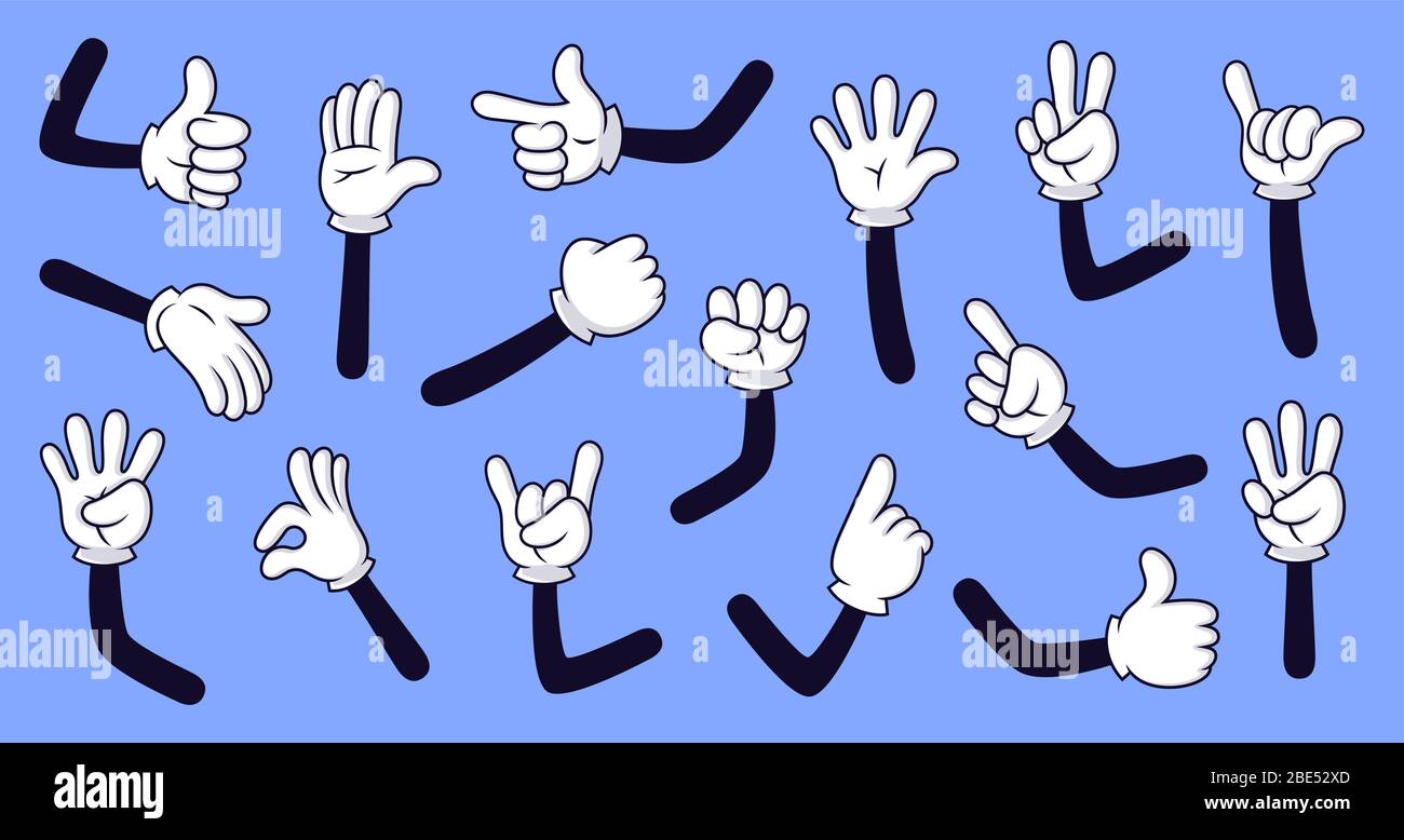 Cartoon Handschuhgarme. Comic Hände in Handschuhen, Retro Doodle Arme mit  verschiedenen Gesten Vektor isoliert Illustration Symbole gesetzt. Lustige  Hand gezeichnete Finger Stock-Vektorgrafik - Alamy
