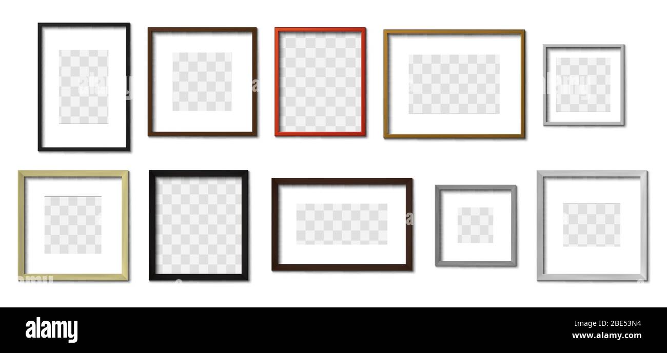 Realistischer Bilderrahmen. Einfache Bilderrahmen, quadratische Rahmen und Fotos auf Wand Mockup Vektor-Set. Sammlung von dekorativen Holzrahmen. Quadratisch und Stock Vektor