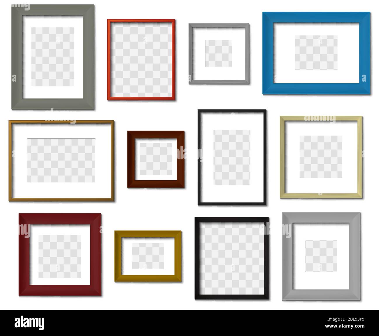 Bilderrahmen. Wandbild verschiedene Fartrahmen, moderne quadratische Grenze mit realistischen Schatten Vektor gesetzt. Minimale Innenbilder Mockups auf Stock Vektor