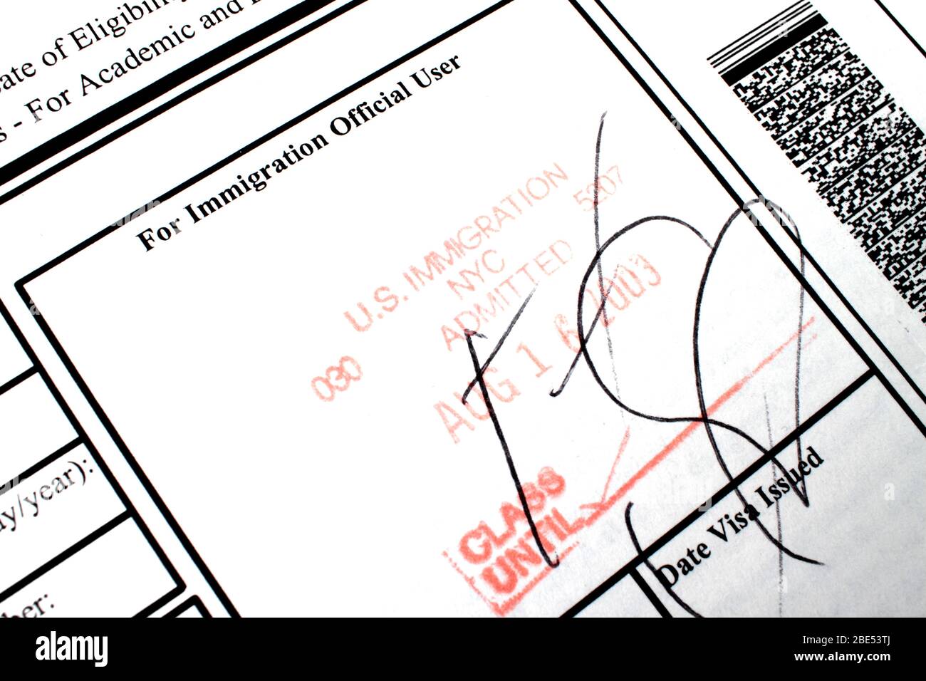 Einreisestempel der USA I-20 Einwanderungsformular für Studenten mit Visum Stockfoto