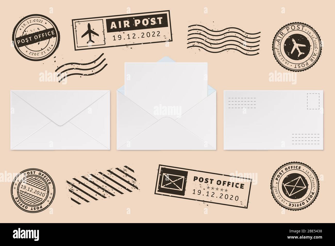 Umschlagvorlage mit Stempel-Etikett. Briefmarke und Briefmarke, offener Briefumschlag mit leerem Papier Briefbogen, Postamt Business Mockups Vektor Stock Vektor
