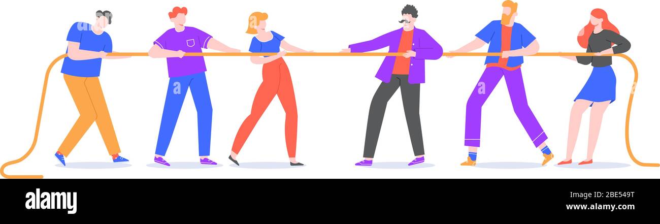 Tauziehen des Krieges. Junge Leute ziehen das Seil, entgegengesetzte Teams beim Seilziehen Wettbewerb. Unternehmenswettbewerbe und aktive Schlepper-Spiel Vektor isoliert Stock Vektor