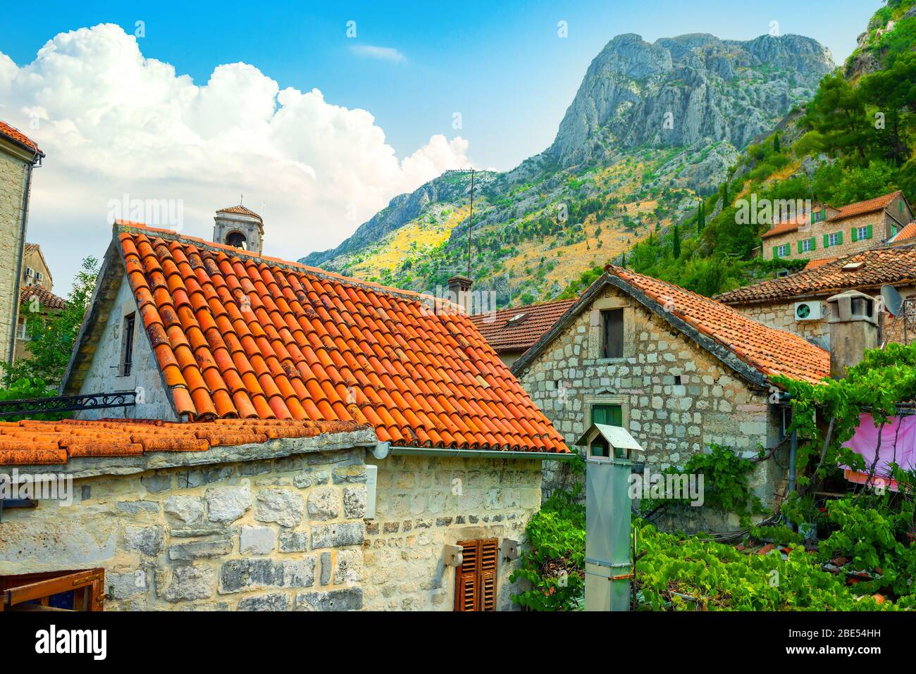Alte Gebäude mit rot-orangefarbenen Dächern in Kotor in Montenegro Stockfoto