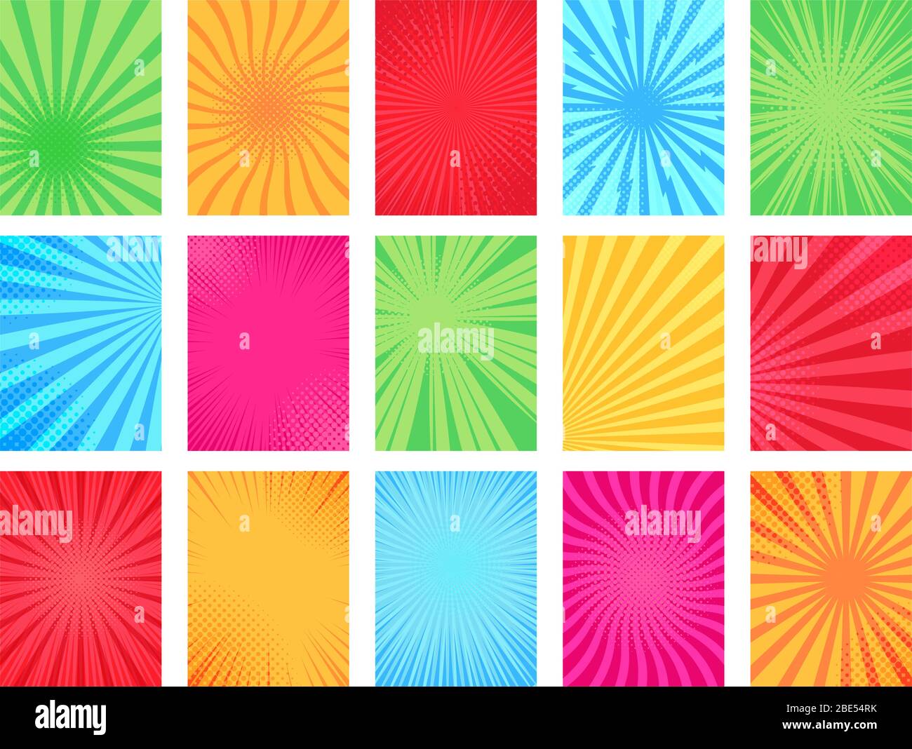 Comic-Hintergrund. Cartoon Bücher Seite Vorlage, Grafik Rahmen und Textur komisch Poster Hintergrund Vektor Illustration Set. Pop-Art-Halbton Stock Vektor