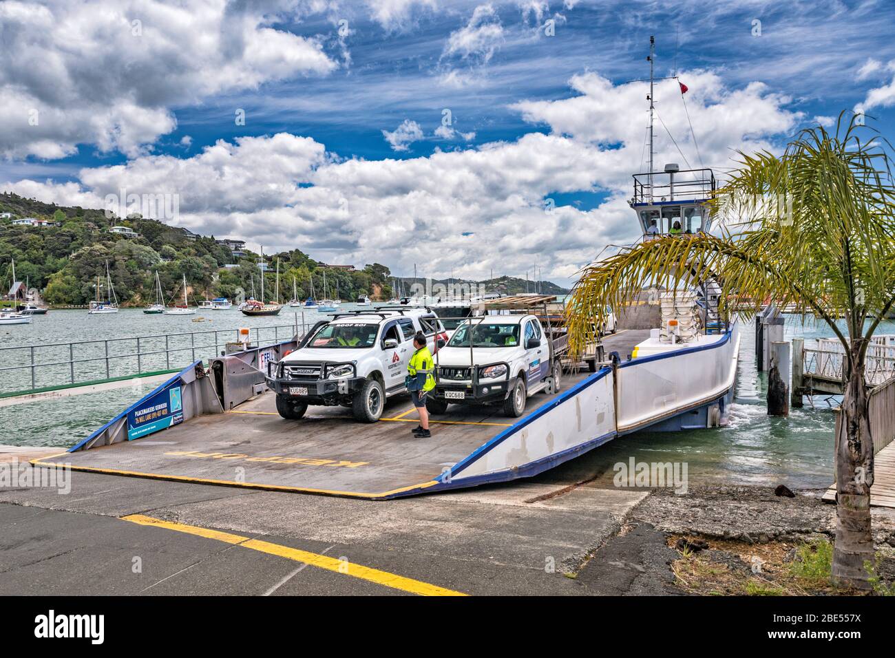 Fährschiff bei Fähranlegestelle in Opua, Bay of Islands, Northland Region, Nordinsel, Neuseeland Stockfoto