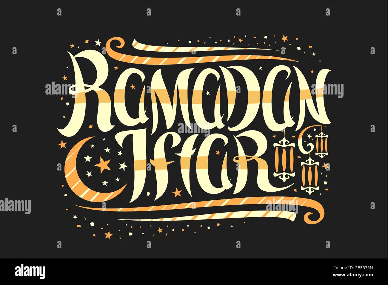 Vektor-Grußkarte für Ramadan Iftar, Banner mit lockigen kalligraphischen Schrift, dekorative Kunst blüht, Cartoon Hängelampen und Konfetti, wirbelige bru Stock Vektor