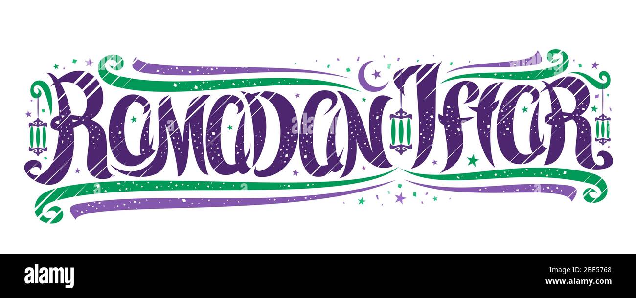 Vektor-Grußkarte für Ramadan Iftar, Flyer mit lockig kalligraphischen Schrift, dekorative Kunst blüht, Cartoon Hängelampen und Konfetti, wirbelige brus Stock Vektor